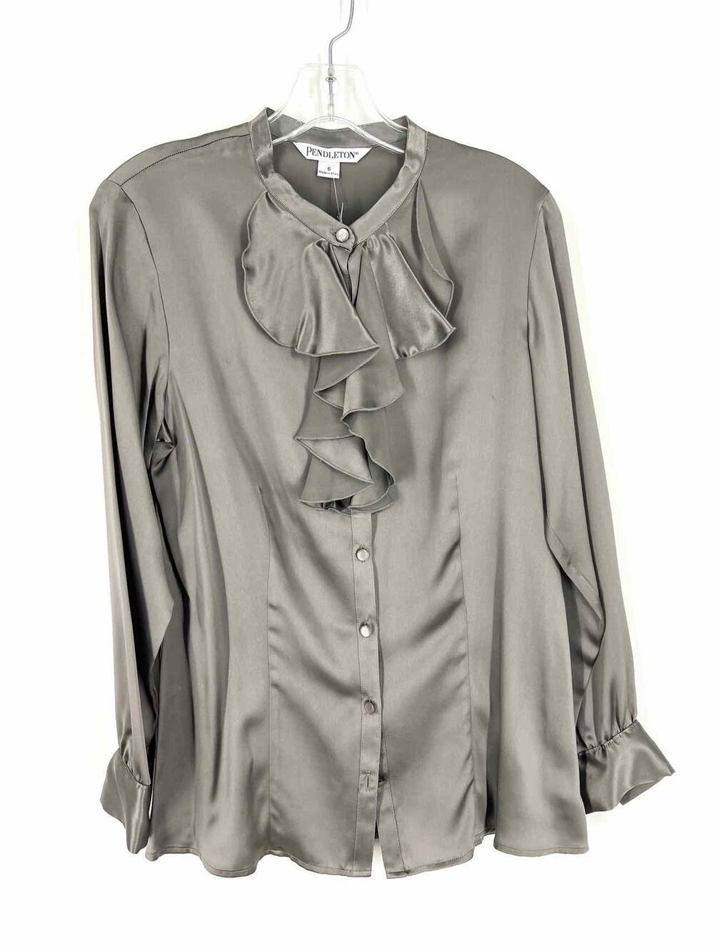 Pendleton Size 6 Gray Ruffles Silk Designer Blouse